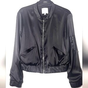 Maison D' Amelie Black Satin Cropped Bomber Jacket w/ Ribbed Cuffs Full Zip Sz M